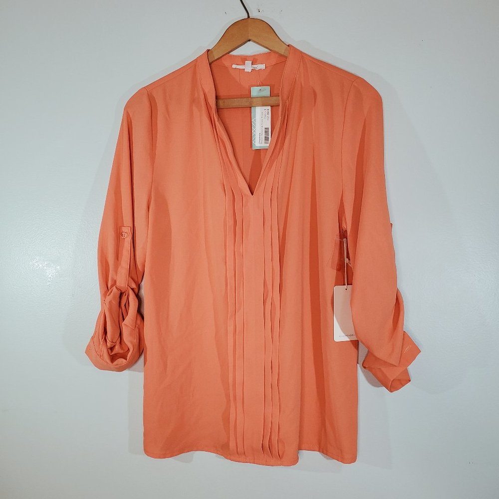 41 Hawthorne Breyson Pleated Tab-Sleeve Coral Orange Blouse S